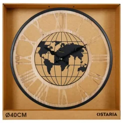 Ostaria Wandklok/muur klok - Wereldbol - D40 cm - MDF - naturel