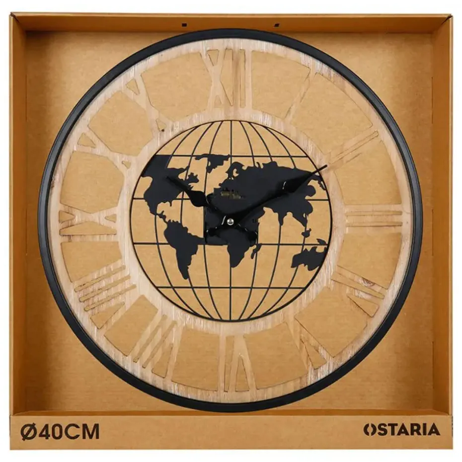 Ostaria Wandklok/muur klok - Wereldbol - D40 cm - MDF - naturel