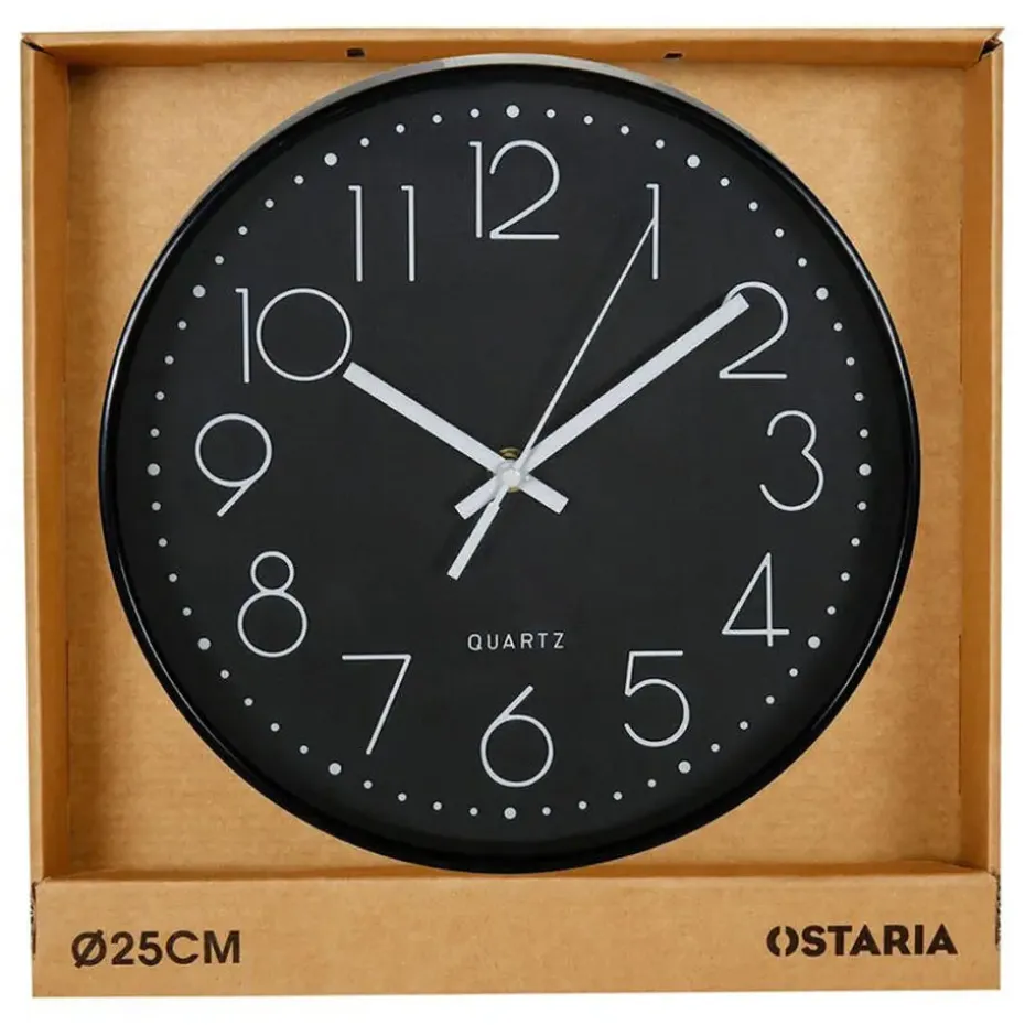 Ostaria Wandklok/muur klok - D25 cm - kunststof - zwart