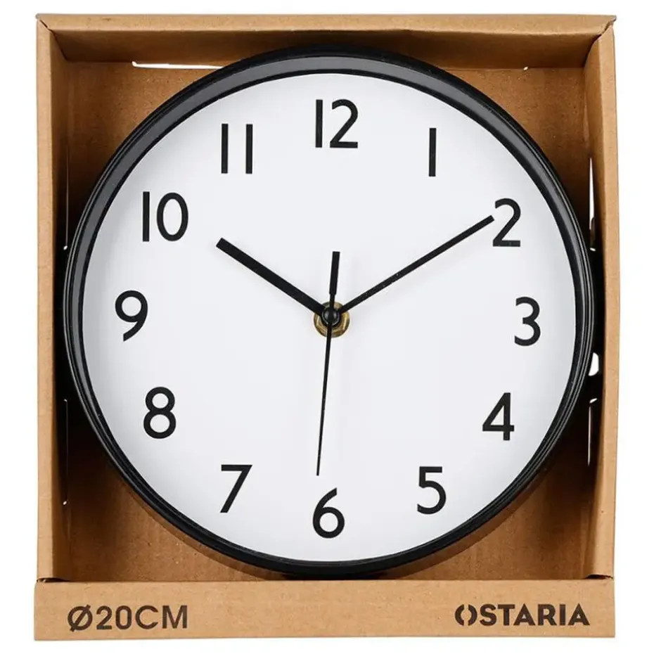 Ostaria Wandklok/muur klok - D20 cm - kunststof - zwart