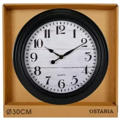 Ostaria Wandklok/muur klok - houtlook - D30cm - kunststof - zwart