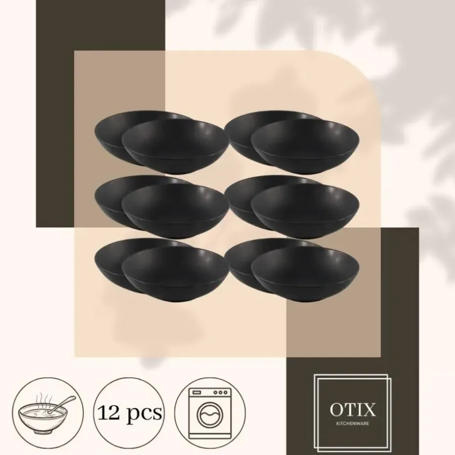 OTIX Bord 12 stuks Diep Soepborden Zwart Mat diameter 20,5cm Aardewerk IVY