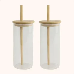 OTIX Drinkglazen met Bamboo Deksel met Rietje 2 Stuks 400 ml Waterglazen