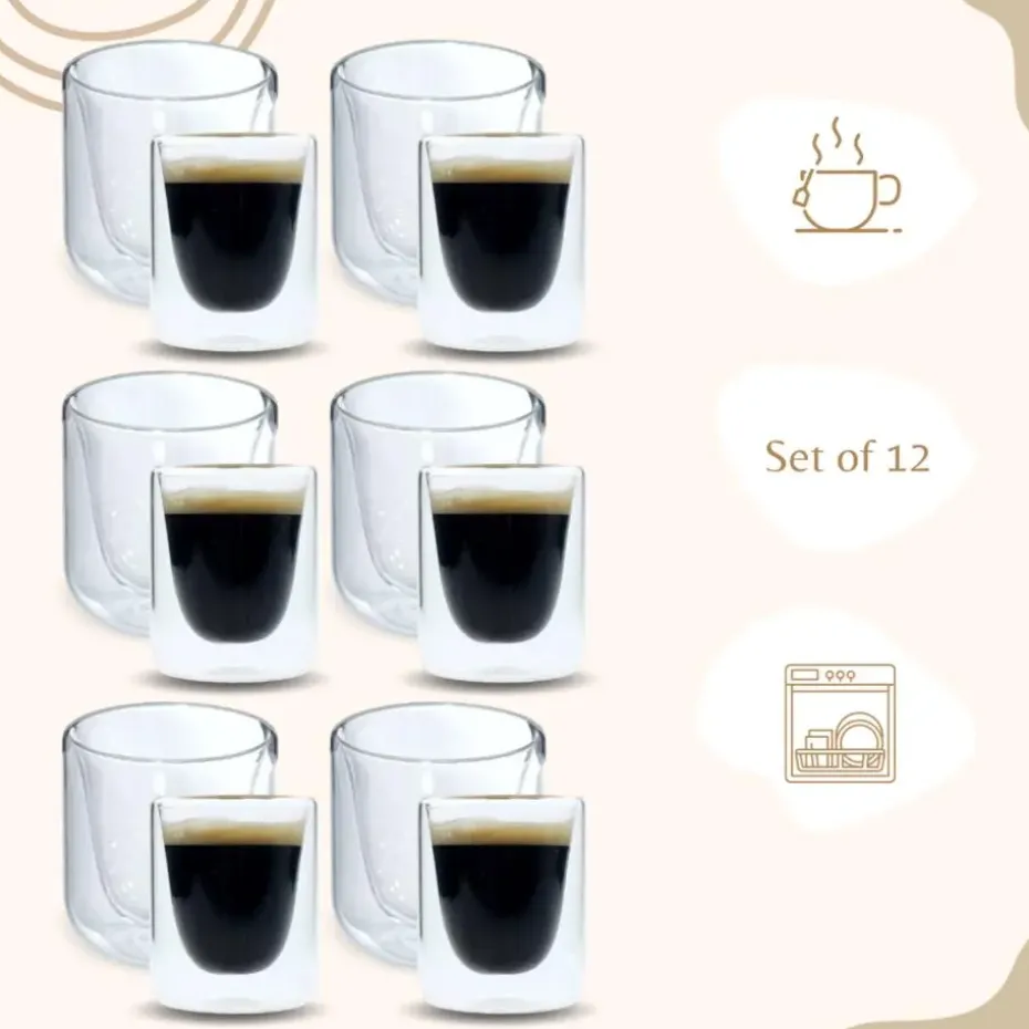 OTIX Dubbelwandige Glazen Koffietassen Koffie en Espresso 12 stuks