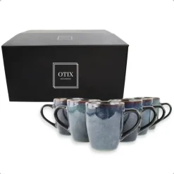 OTIX Koffiekopjes met Oor Set van 6 Koffietassen Theemok 350ml Aardewerk EBONY