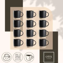 OTIX Koffiekopjes Theemokken Koffietassen Set van 12 Zwart 310 ml Aardewerk