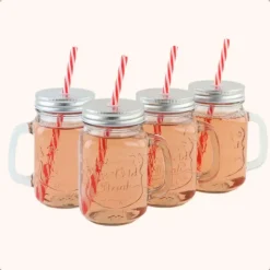 OTIX Mason jar Drinkbeker met Rietje Set van 4 Zilvere dop 450 ml