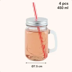 OTIX Mason jar Drinkbeker met Rietje Set van 4 Zilvere dop 450 ml