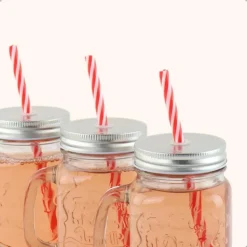 OTIX Mason jar Drinkbeker met Rietje Set van 4 Zilvere dop 450 ml