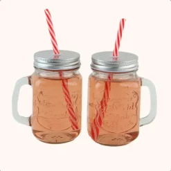 OTIX Mason jar Drinkbeker met Rietje Set van 4 Zilvere dop 450 ml