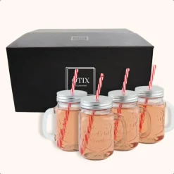 OTIX Mason jar Drinkbeker met Rietje Set van 4 Zilvere dop 450 ml
