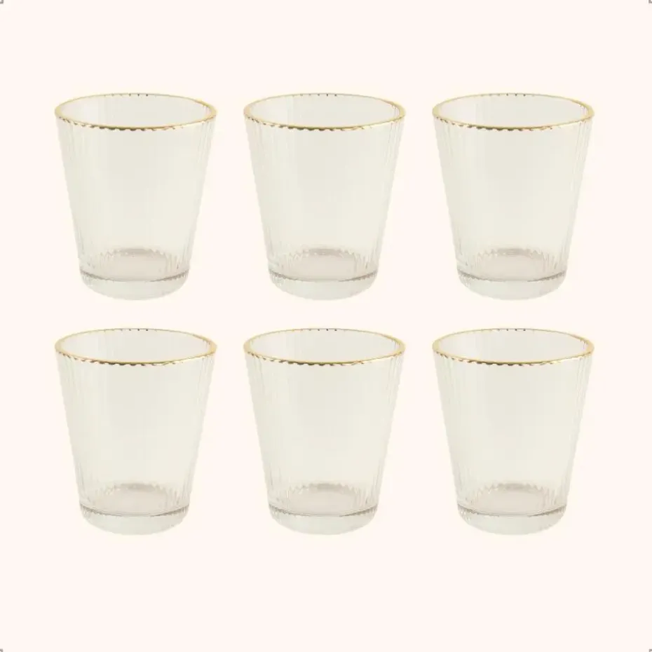 OTIX Waterglazen Set van 6 Stapelbaar 350 ml Met gouden rand Reliëf Ribbel