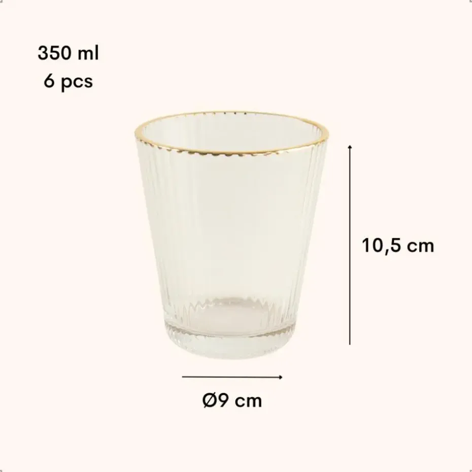 OTIX Waterglazen Set van 6 Stapelbaar 350 ml Met gouden rand Reliëf Ribbel