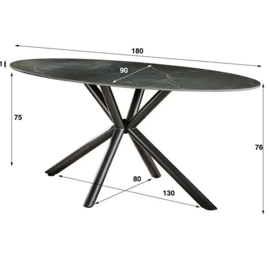 Ovale eettafel zwart Sophie industrieel 180x90 cm - Keramiek - Zwart