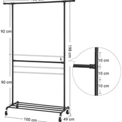 Parya Home - Kledingrek Op Wielen - Metaal - Zwart