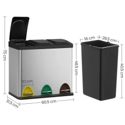 Parya Home - Vuilnisbak - Met binnenemmer - 3 compartimenten - 3x 15L - Zilver