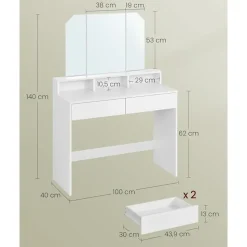 Parya Home Kaptafel, kaptafel met opklapbare spiegel en 2 laden