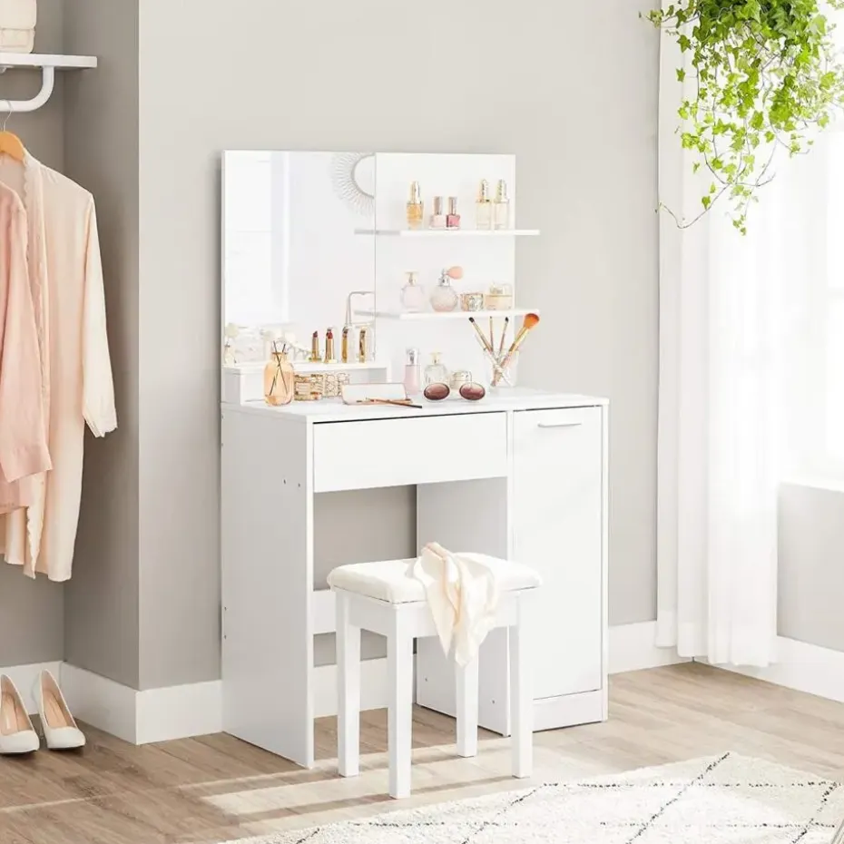 Parya Home kaptafel met spiegel - 1 lade - 2 legplanken - wit