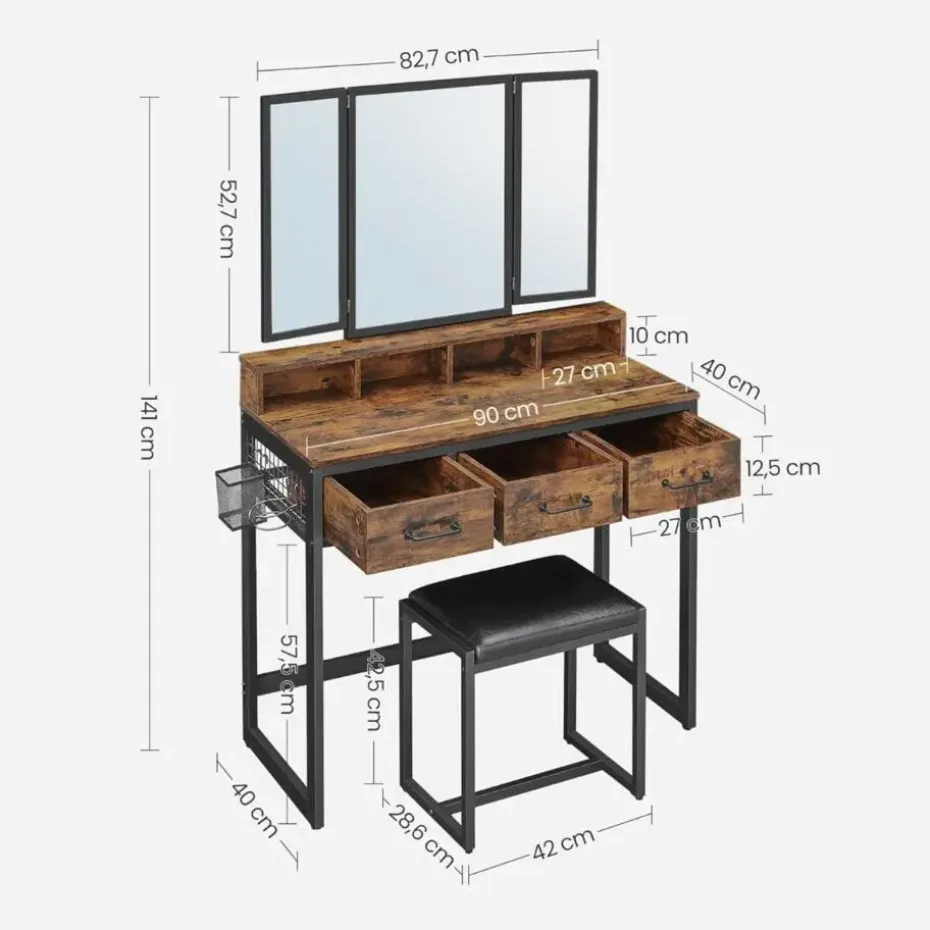Parya Home Vintage Kaptafel met 3-delige met klapspiegel