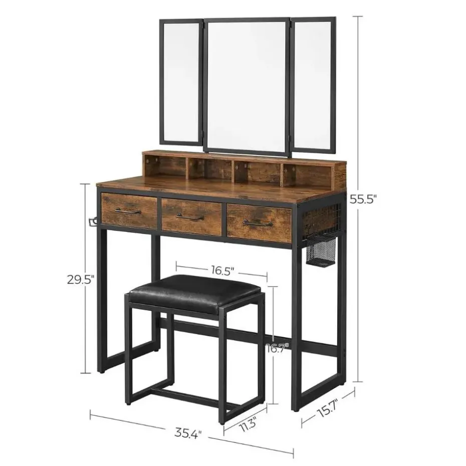 Parya Home Vintage Kaptafel met 3-delige met klapspiegel