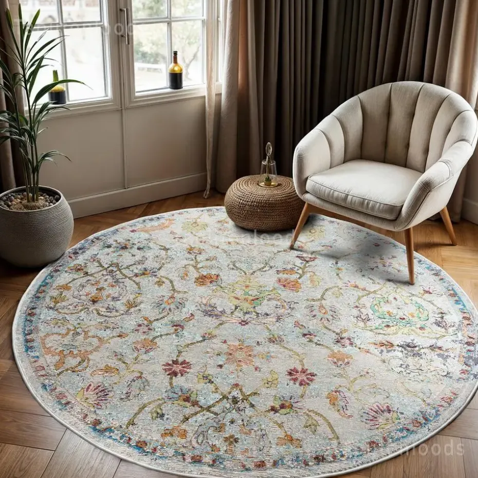 Picasso Sarough Vintage Rond Vloerkleed Creme / Beige Laagpolig - 160 CM ROND