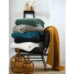 Plaid/bankdeken Columbia - ivoor wit - 180x220 cm - waves motief