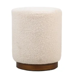Poef met witte krullen en houten basis