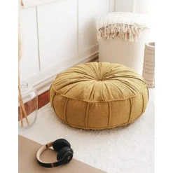 Poef Rond - Teddy Geel - Zitkussen - 60x60x20cm - Vintage