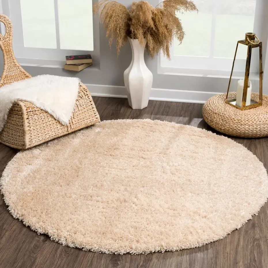 Porto Rond Soft Fluffy Vloerkleed Hoogpolig Effen Beige - 120 CM ROND