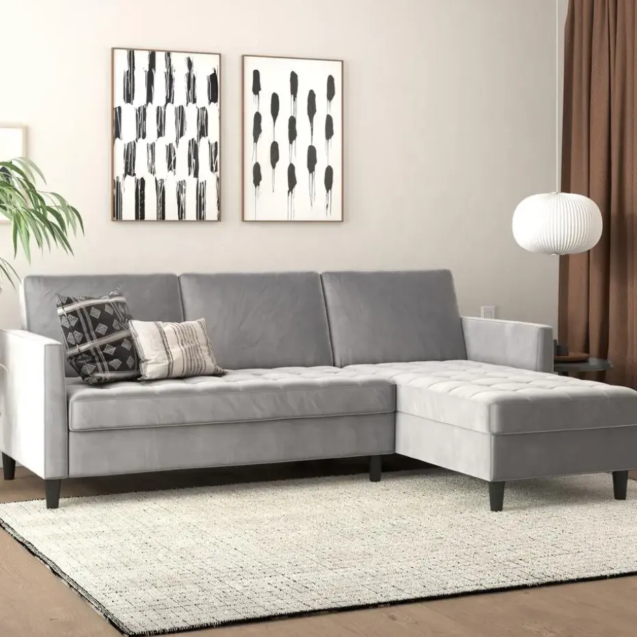 Presley - 3-zits hoekslaapbank met opbergruimte in grijs fluweel
