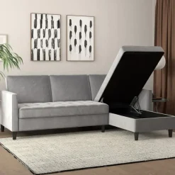 Presley - 3-zits hoekslaapbank met opbergruimte in grijs fluweel