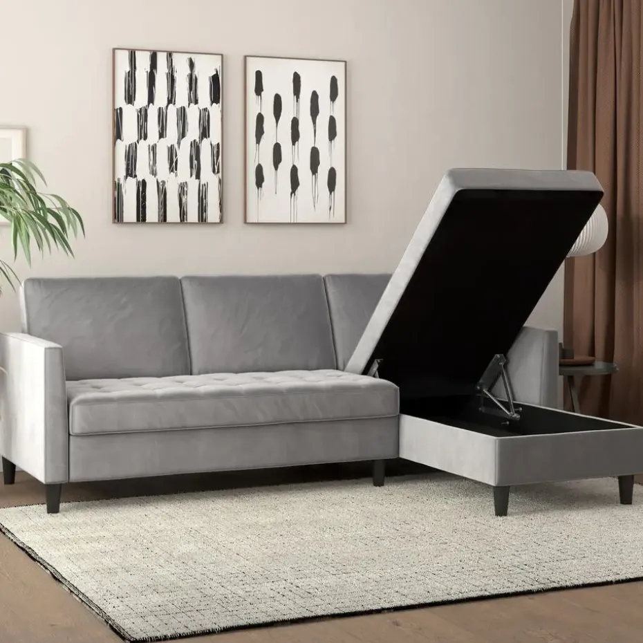 Presley - 3-zits hoekslaapbank met opbergruimte in grijs fluweel