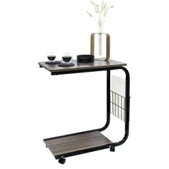 QUVIO Bijzettafel op wieltjes met opbergmandje - metaal + hout