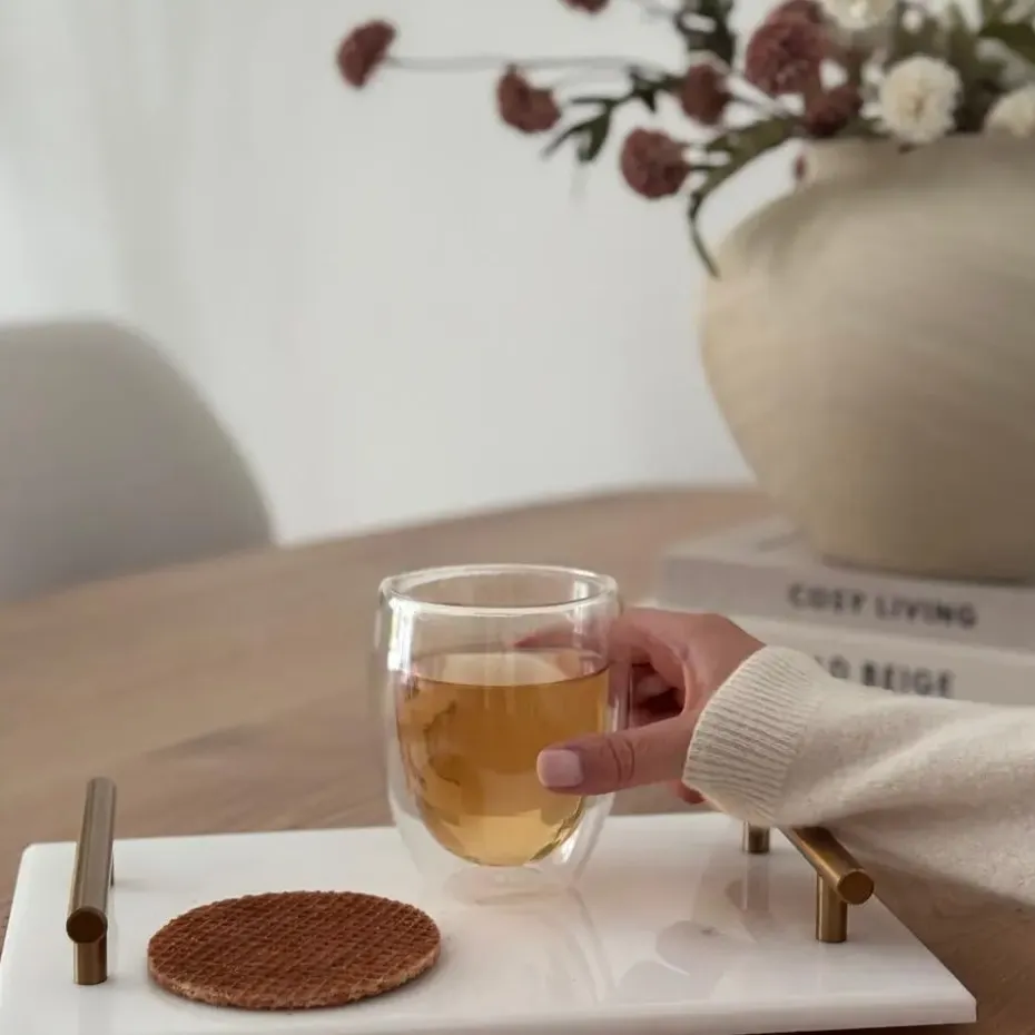 QUVIO Dienblad met gouden hendels - Marmer - Wit