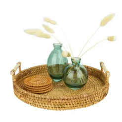 QUVIO Dienblad met handvaten rond - 28 cm - Rotan