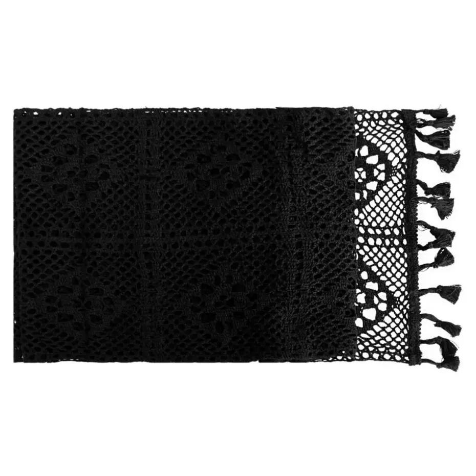 QUVIO Tafelloper gehaakt met fransjes - 300 x 24 cm - Katoen - Zwart