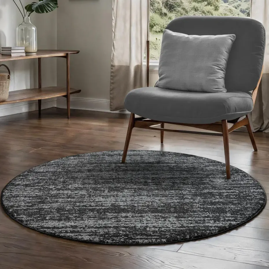 Relax Oslo - Laagpolig Effen Vloerkleed - Zwart Grijs - 200 CM ROND