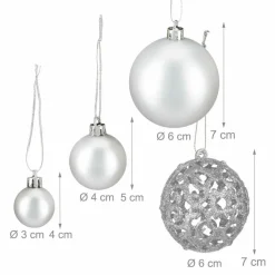 Relaxdays kerstballen - 50x st - zilver - 3, 4 en 6 cm -kunststof