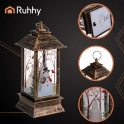 Ruhhy Kerstlantaarn - goud/zwart - 12 x 5 cm - kunststof - LED