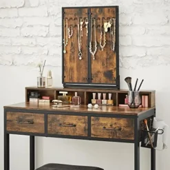 Rustieke zwart/bruine kaptafelset met spiegel en krukje