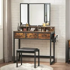 Rustieke zwart/bruine kaptafelset met spiegel en krukje