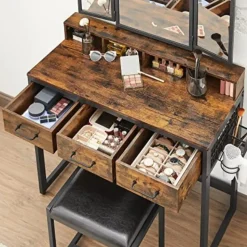 Rustieke zwart/bruine kaptafelset met spiegel en krukje