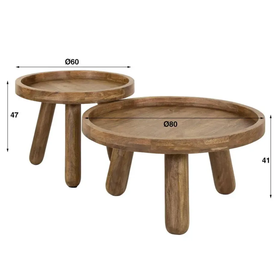 Salontafel Rond - Naturel Mangohout - Set Van 2 - Tripod