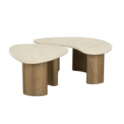 Salontafel Set van 2 - Organisch Travertin - Beige/Hout - Organic