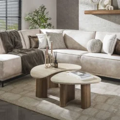 Salontafel Set van 2 - Organisch Travertin - Beige/Hout - Organic