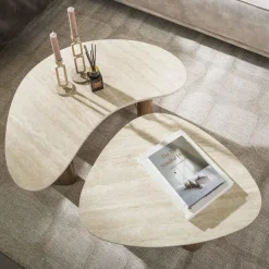 Salontafel Set van 2 - Organisch Travertin - Beige/Hout - Organic