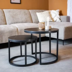 Salontafel set van 2 Paige marmer zwart rond - 53x53x47 cm - Stoneware - Zwart