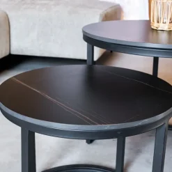 Salontafel set van 2 Paige marmer zwart rond - 53x53x47 cm - Stoneware - Zwart