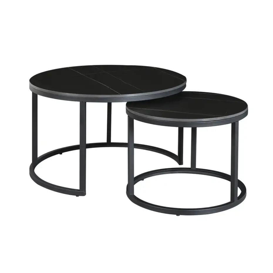 Salontafel set van 2 Trevor marmer zwart rond - 68x68x43 cm - Stoneware - Zwart