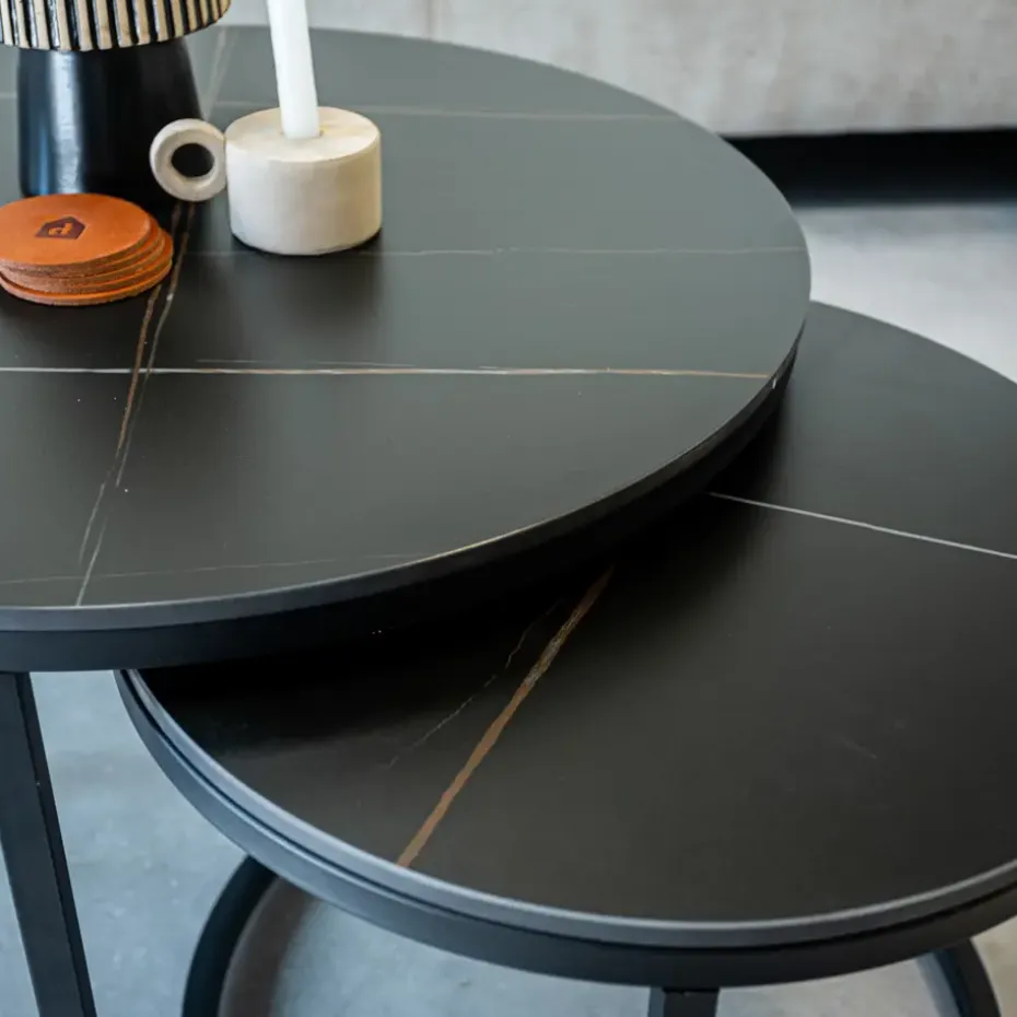 Salontafel set van 2 Trevor marmer zwart rond - 68x68x43 cm - Stoneware - Zwart